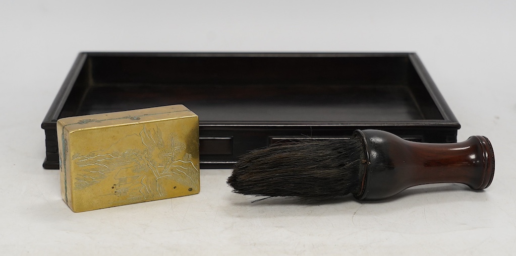 Literati interest: a Chinese probably zitan tray, a calligraphy brush and a brass ink box, 19th/20th century, tray 28 x 19cm. Condition - fair